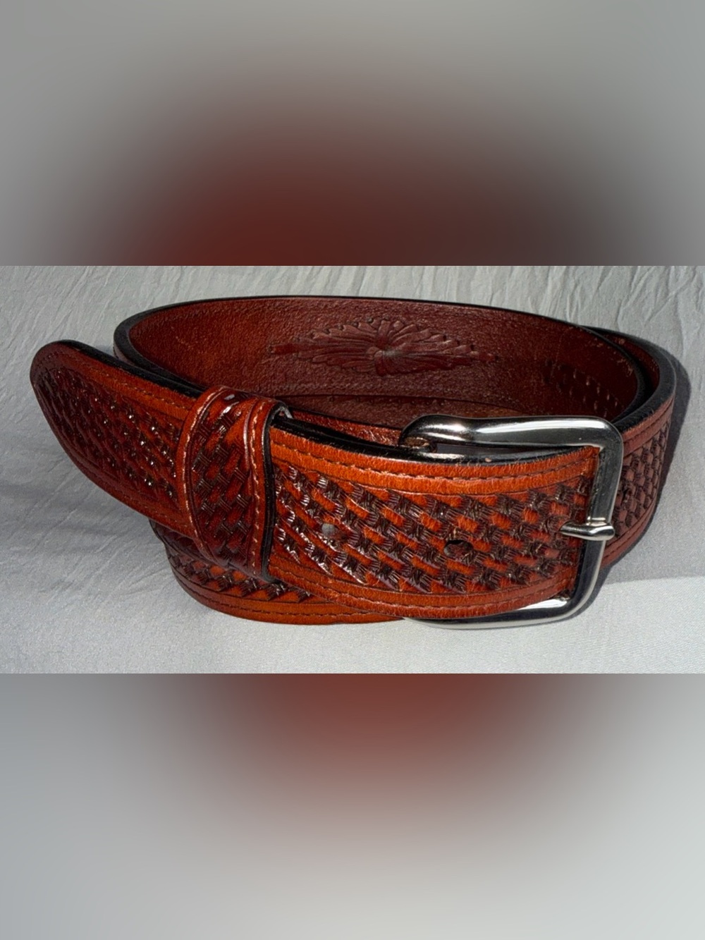 Grants Men's Hand-Tooled Two Tone Brown Leather Belt Braided Accents